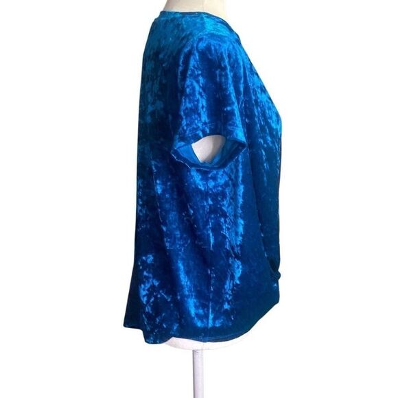 Skies Are Blue Velvet Teal Blue Blouse Knot Detail Short Sleeve Stretchy Size 8 - Picture 3 of 5